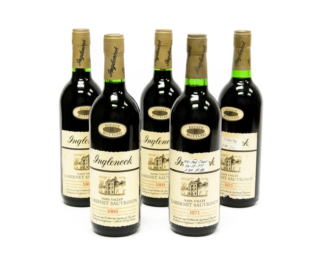 Five Bottles, 1969 and 1971 Inglenook Cabernet.: Five bottles of Inglenook Napa Valley Cabernet Sauvignon. Three (3) vintage 1969 and two (2) vintage 1971.