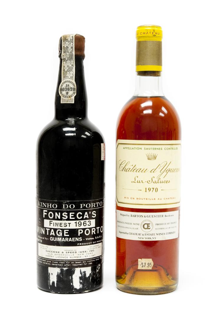 1970 Chateau d'Yquem Sauternes & Fonseca 1963 Port.: Two exceptional dessert wines. One (1) bottle vintage 1970 Chateau d'Yquem Premier Cru Superier sauternes wine. And One (1) bottle Fonseca 1963 vintage port. A perfect growing season led to one of the