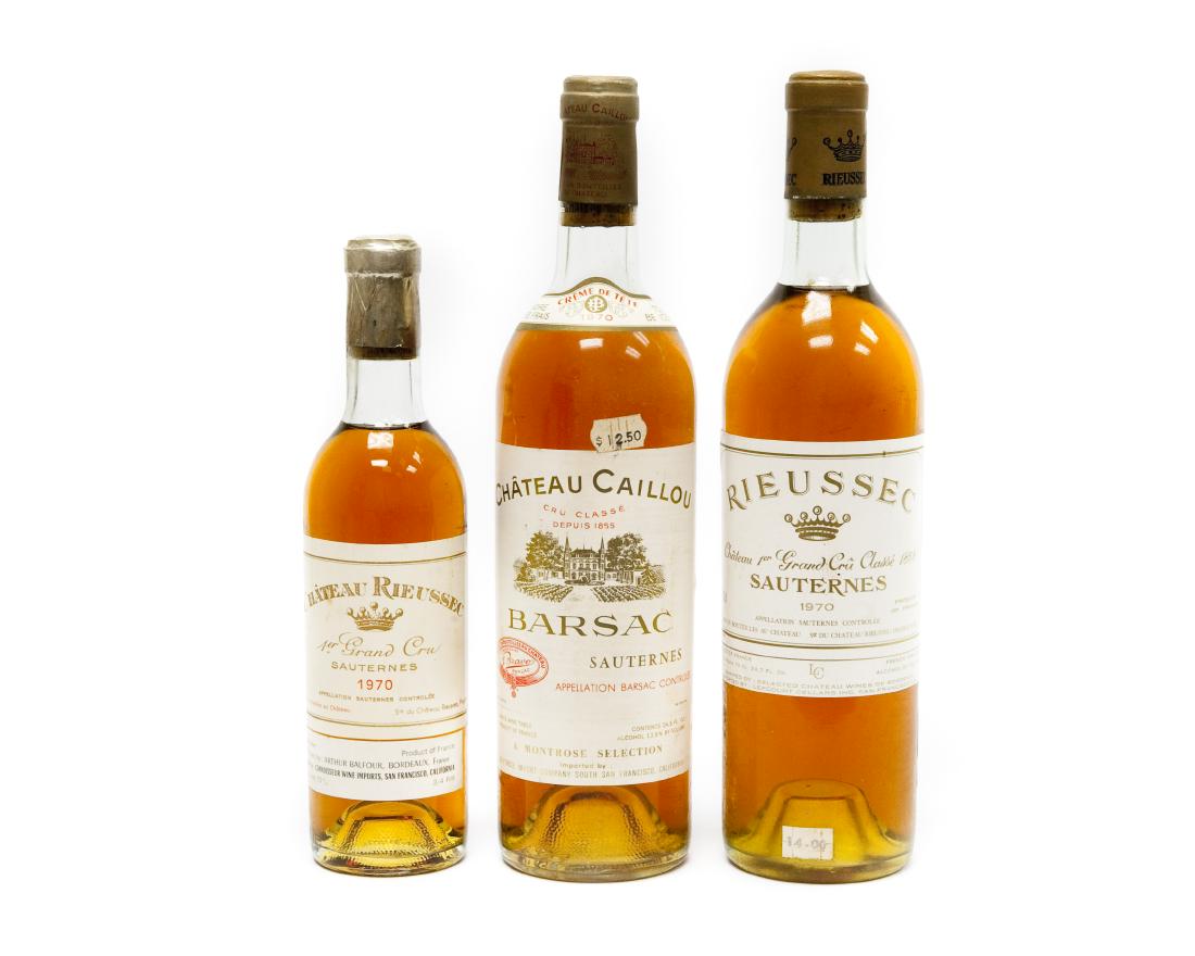 Three Bottles, 1970 French Sauternes wine.: Three (3) bottles of vintage 1970 French Sauternes wine. One (1)bottle Chateau Rieussec Premier Cru Classe sauternes, one (1) 375ml bottle Chateau Rieussec Premier Cru Classe sauternes, and one (1) bo