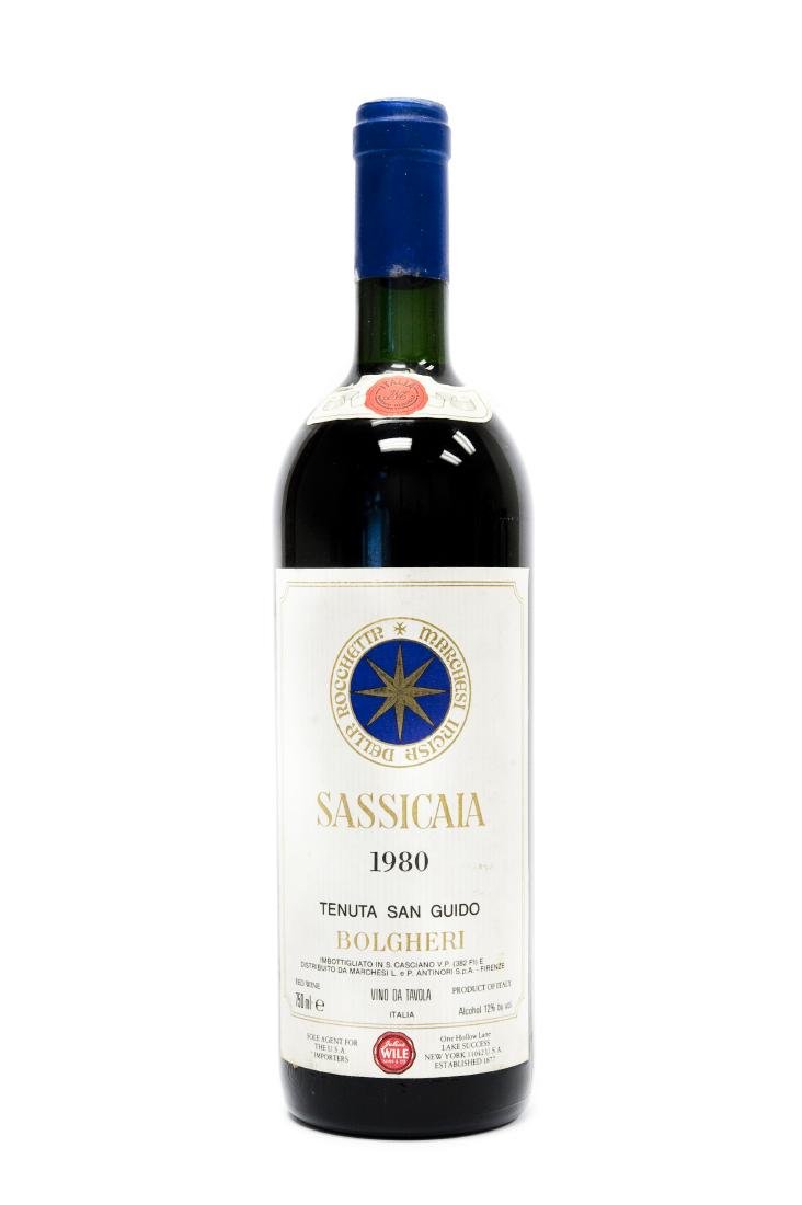 One Bottle, 1980 Tenuta San Guido Sassicaia.: One (1) bottle of vintage 1980 Tenuta San Guido Sassicaia "Super Tuscan" wine. This vintage was a blend 85% Cabernet Sauvignon 15% Cabernet Franc, aged in French and Yugoslavian oak.