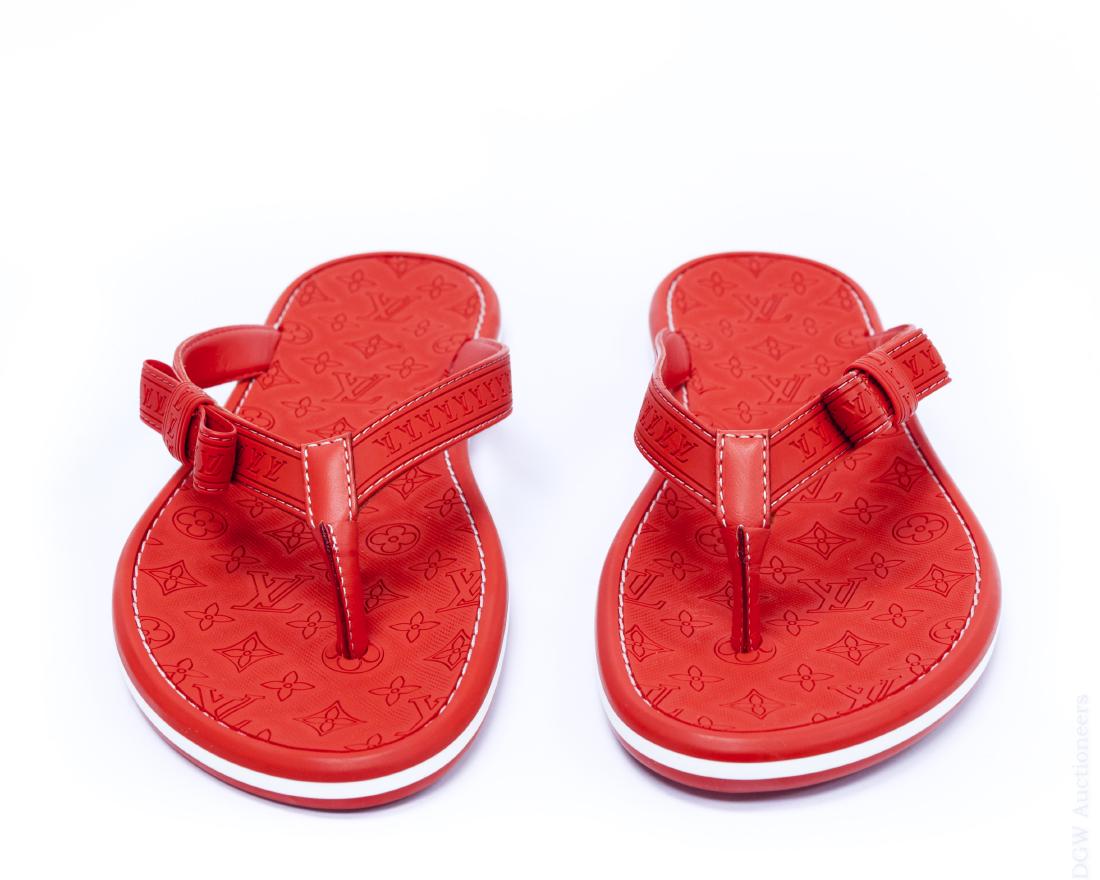 Louis Vuitton Monogram Red Thong Sandals.: Louis Vuitton monogram red leather thong sandals. FD 0170. Size 38. Made in Italy. With protective bags, box and care booklet.