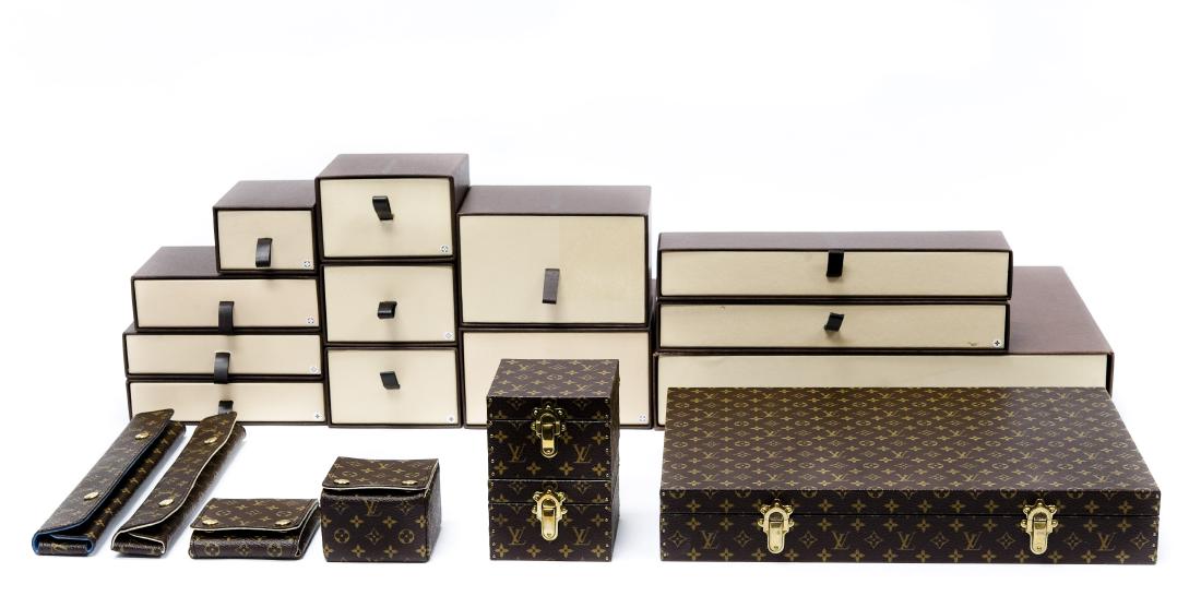(12) Louis Vuitton Boxes.: (12) Louis Vuitton boxes. 7 boxes with monogram necklace case, 3 ring cases & 2 bracelet case; and 5 empty boxes.
