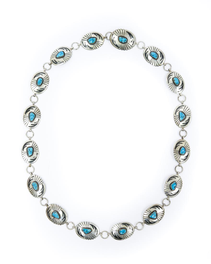 Native American Silver & Turquoise Conch Belt Necklace.: Native American Silver and turquoise conch belt necklace, mark CMY. (Charles Yazzie). (35 inches long).