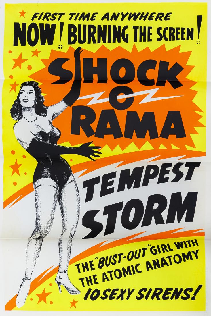 Group of (4) Vintage Burlesque Risque Posters.: Group of (4) vintage burlesque risque posters. Tempest Storm, Shock O Rama, The Bust Out, The Girl with Atomic Anatomy. (42 x 28 inches each).