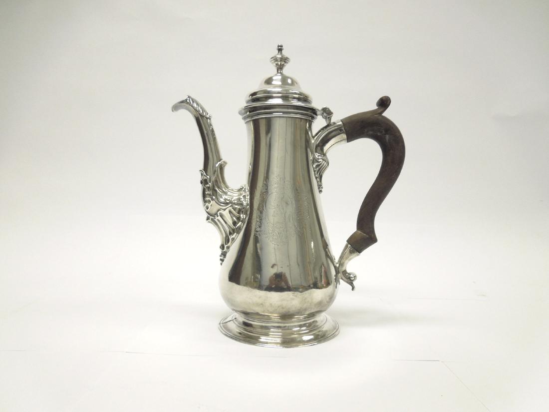 18th Century English Silver Coffee Pot.: 18th C. English Silver coffee pot with wood handle. James Wilks 1754 maker and date marks. (11 3/4 inches tall, 9 1/2 inches wide). (41.8 troy oz overall).