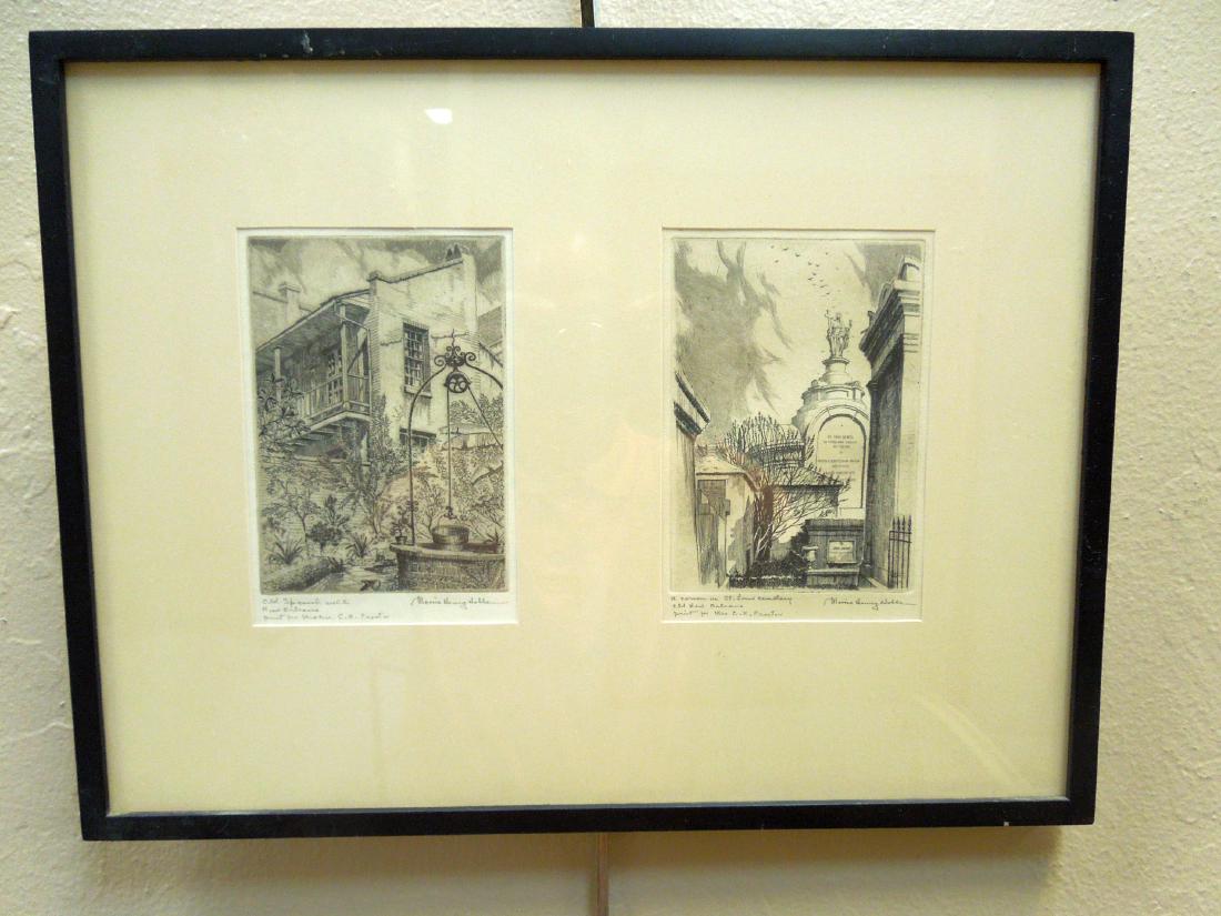 Morris Henry Hobbs 2-panel Etching.: Morris Henry Hobbs (1892 - 1967), 2-panel etching. Old Spanish Well, New Orleans, A corner in St. Louis Cemetery, Old New Orleans. Signed Morris Henry Hobbs. Dedicated to Mrs. E. K. Proctor. Framed. (