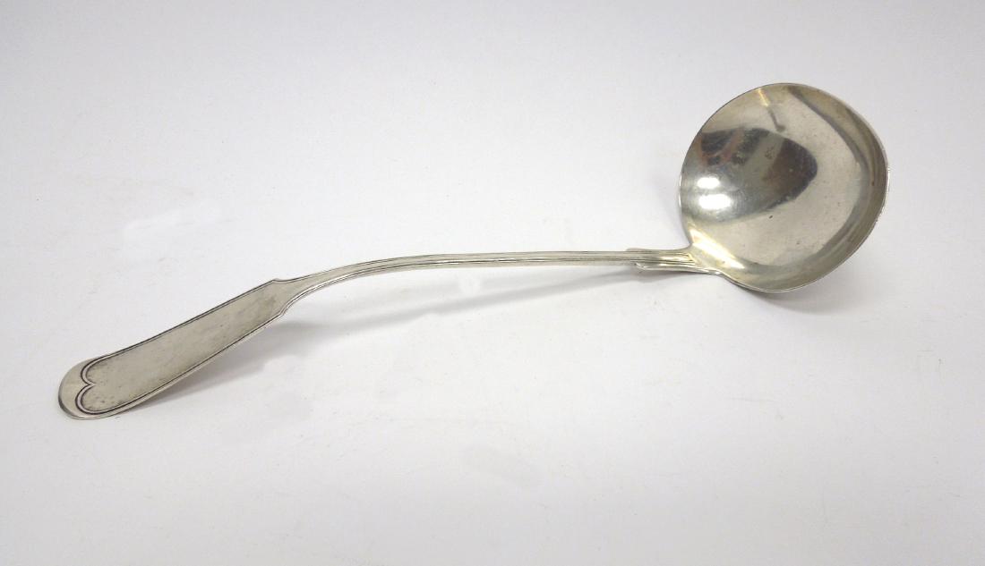 Wood & Hughes American Silver Ladle.: Wood & Hughes American silver ladle, threaded fiddle back pattern terminal. Marked A Prontaut Augusta GA. 5.7 ozt. 13 inches.