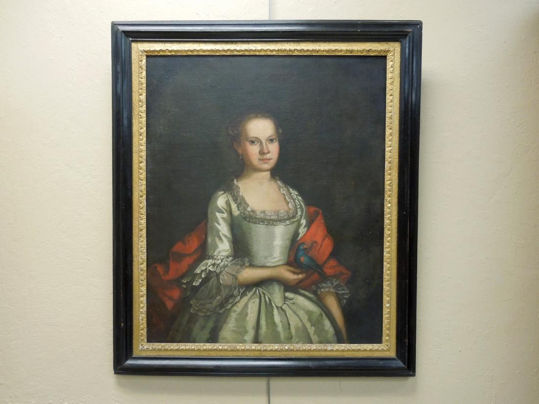 18th C. Oil on Canvas Portrait, American School.: Late 18th Century oil on canvas. Portrait of a half-figured woman in white gown and red drape, a bird perched on her hand. Faintly annotated verso: "Anna Maria (second) daughter of Robert Lloyd, Esqâ
