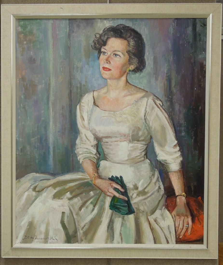 J.P. de Janowski Oil on Canvas Portrait of Elizabeth: Oil on canvas portrait of a seated lady holding green gloves, signed J.P. de Janowski. Janusz Janowski (Polish, active circa 1930). Annotated verso "Janusz Paul deJanowski / pinxit den Haag VIII 1964 