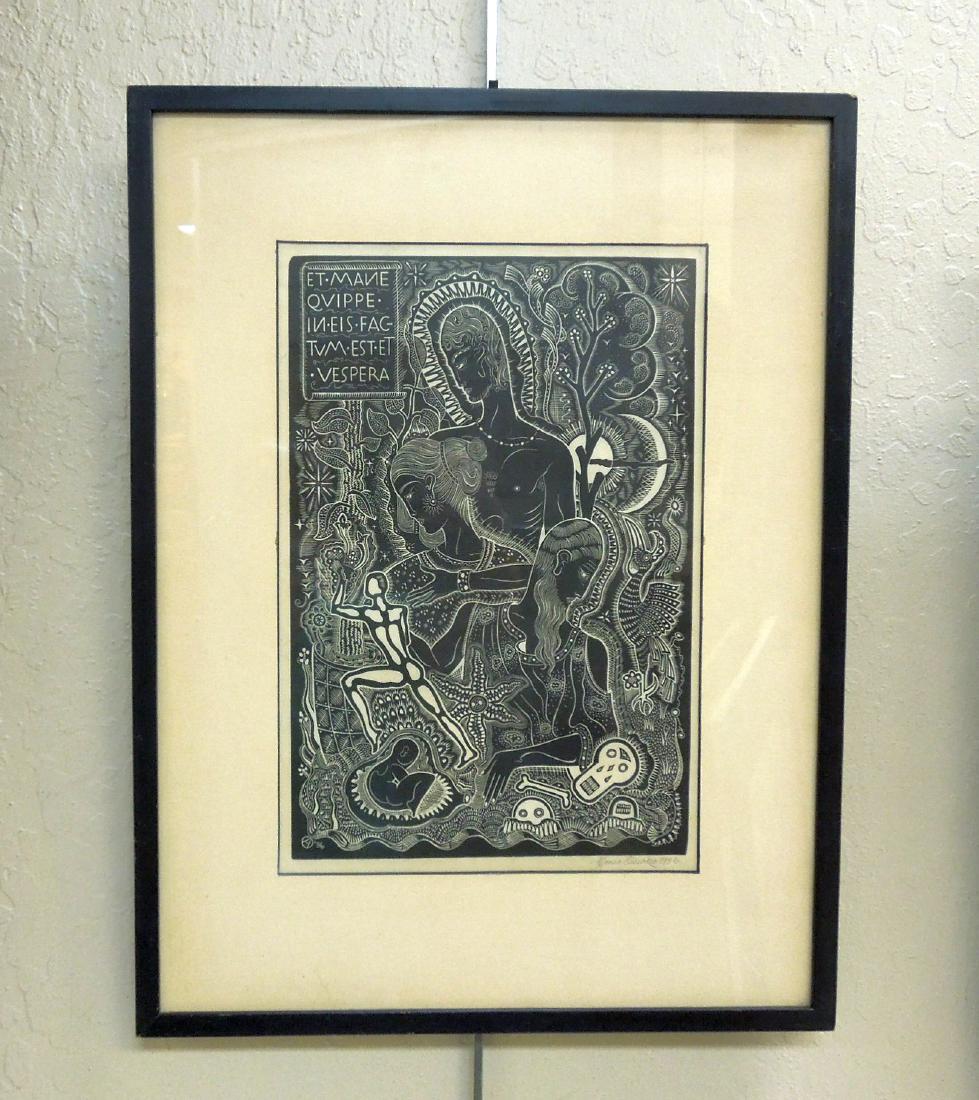 Alfonso Ossorio Engraving "ET MANE QUIPPE IN EIS FACTUM: Alfonso Ossorio (American-Filipino 1916-1990), Wood engraving on paper. Titled in plate: "ET MANE QUIPPE IN EIS FACTUM EST ET VESPERA". Signed and dated 1936 in pencil, lower margin. Artist monogram a