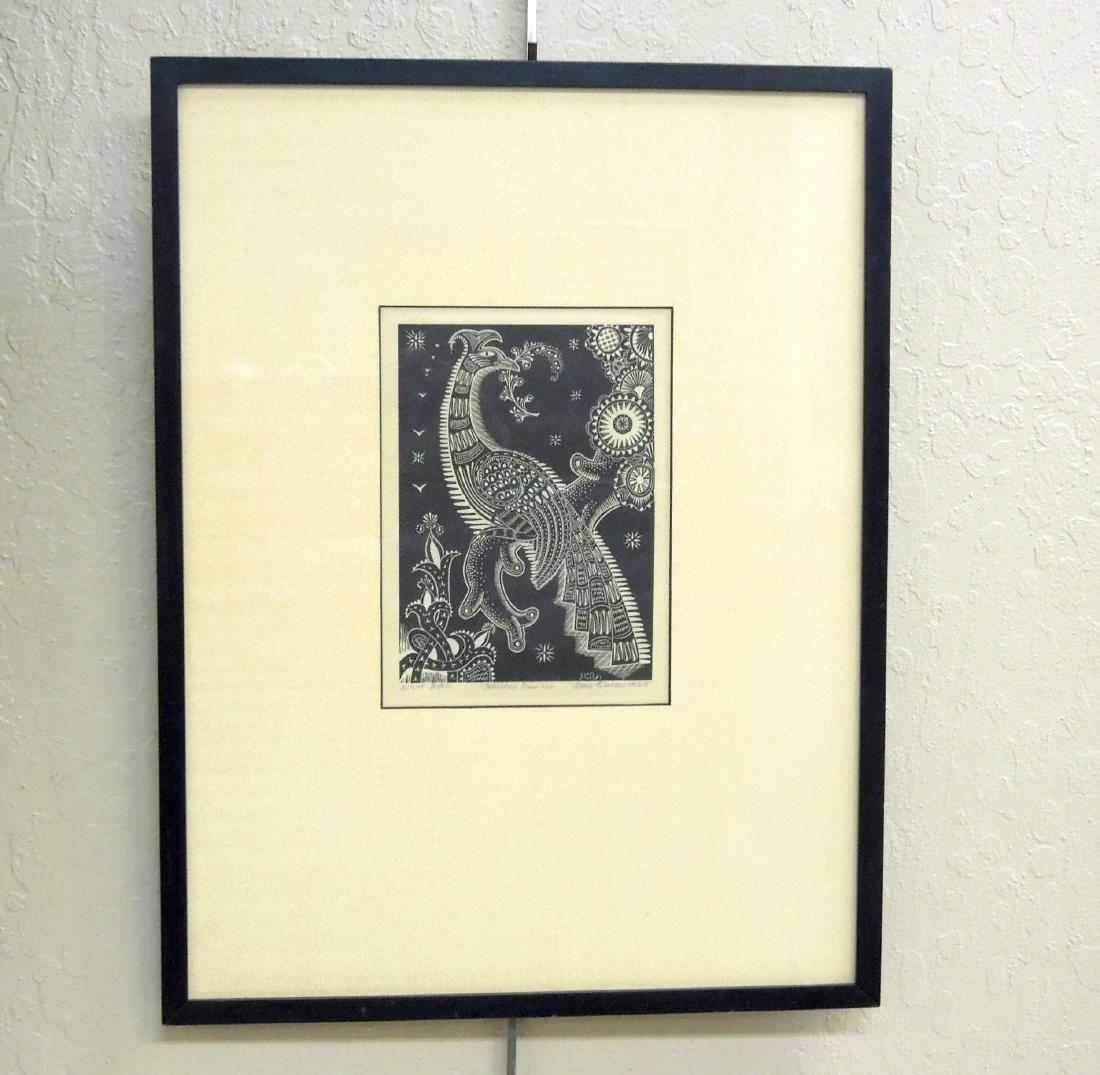 Alfonso Ossorio Engraving "Night Birds".: Alfonso Ossorio (American-Filipino 1916-1990), Wood engraving on paper. Inverse Monogram and date in plate, lower right. Pencil inscribed lower margin "Night Bird" "To Mildred Fras (?) 1928" "Alfonso