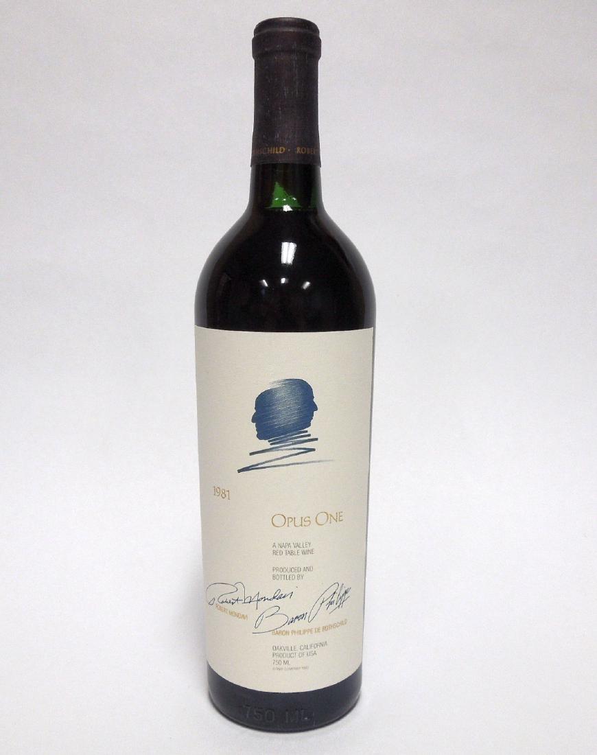 One Bottle, 1981 Opus One.: One (1) bottle, 1981 Opus One. The famous wine produced in a partnership between Baron Philippe de Rothschild of Chateau Mouton Rothschild in Bordeaux and Robert Mondavi of Napa Valley. The 1981 vinta