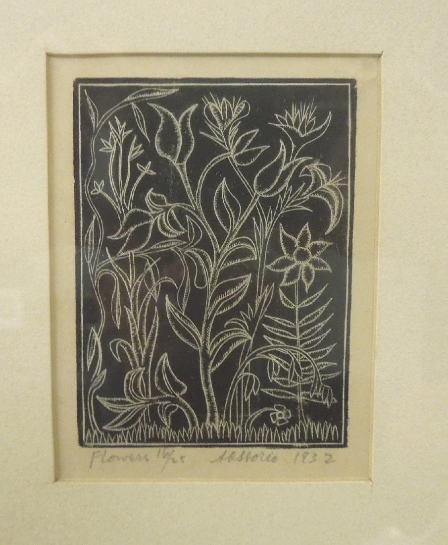 Alfonso Ossorio Wood Engraving, "Flowers".: Alfonso Ossorio (American-Filipino 1916-1990), Wood engraving on paper. Pencil inscribed lower margin: Flowers 16/25, A Ossorio, 1932. (Sight: 3 1/2 x 2 1/2 inches Overall: 12 1/2 x 10 1/2 inches).