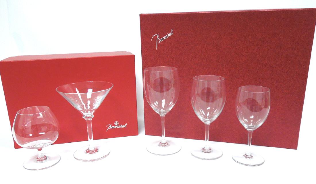 Group of Baccarat Crystal Stemware, 45 pieces.: Group of Baccarat clear crystal stemware. (11 Cabernet, 9 Bordeaux, 9 Burgundy, 4 martini glasses and 12 snifters). Martini glasses and snifters with boxes. 45 pieces total.