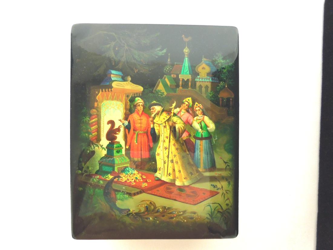 A. Valyalin Fedoskino Russian Lacquer Box, Magic: A. Valyalin Fedoskino Russian lacquer box, Magic Squirrel. Hinge lidded box, signed. (6 3/4 x 5 1/4 x 2 1/2 inches).