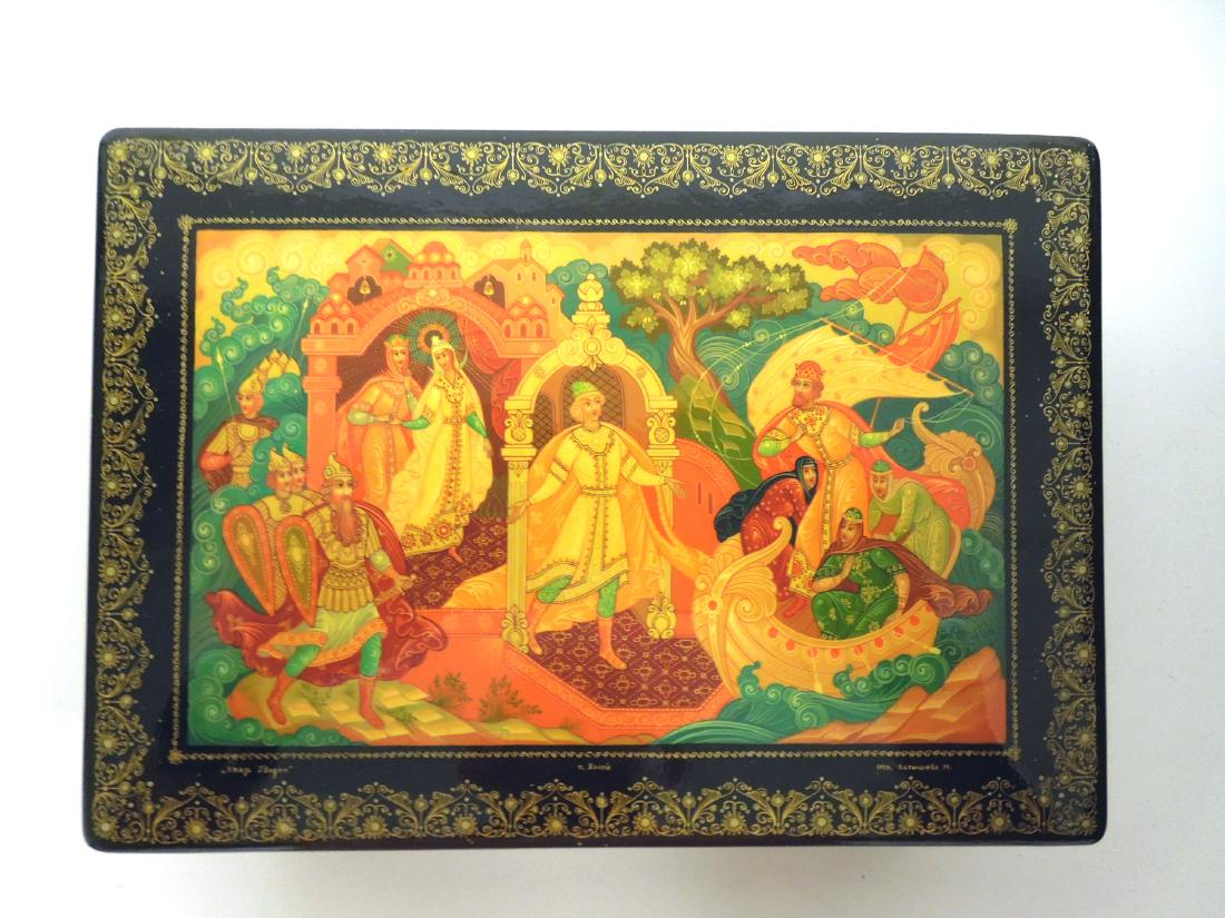 Latysheva Kholui Russian Lacquer Box.: Latysheva Kholui Russian lacquer box. Hinged lidded box, titled and signed. (7 1/2 x 5 1/4 x 2 1/4 inches).