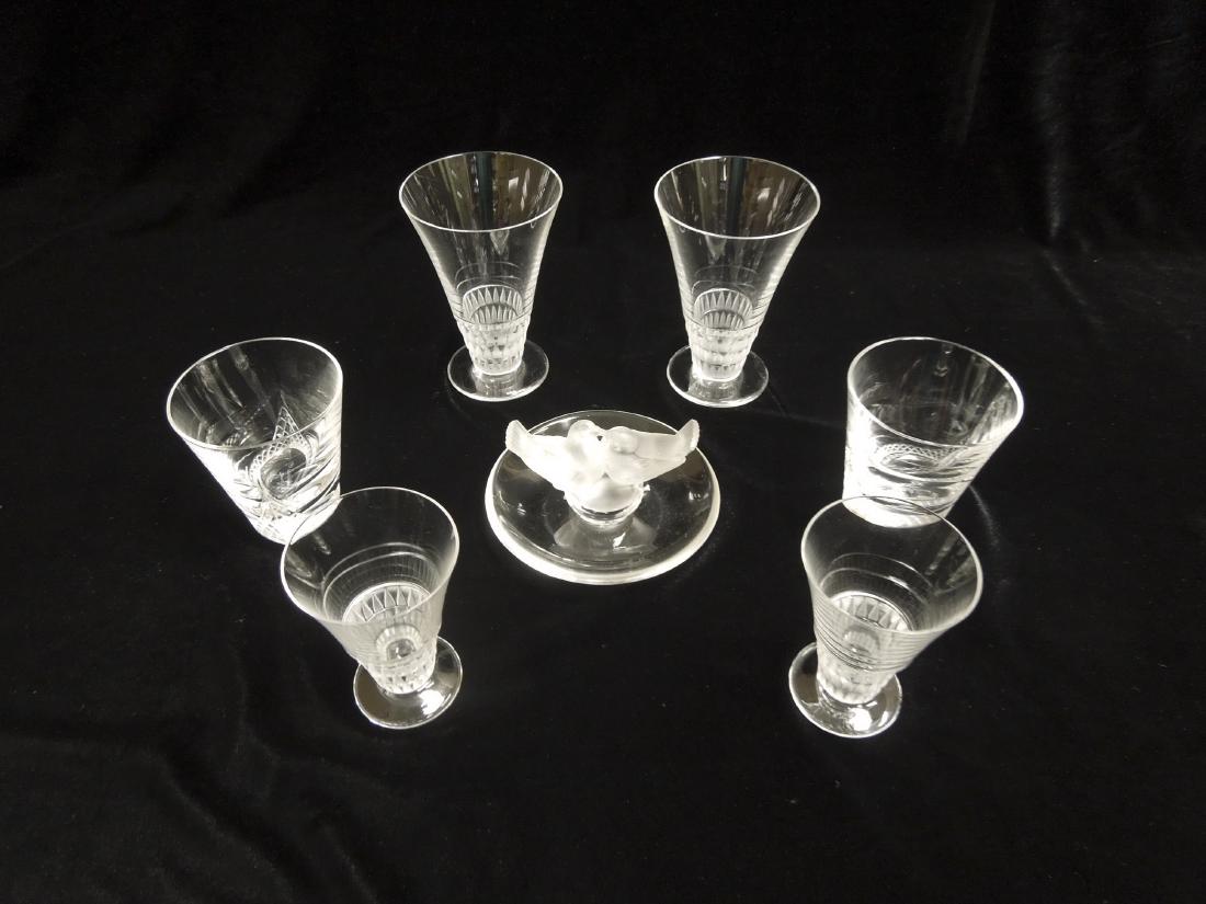 Lalique Crystal Dove Mini Dish & (6) Glasses.: Lalique crystal dove mini dish and (6) miniature glasses.