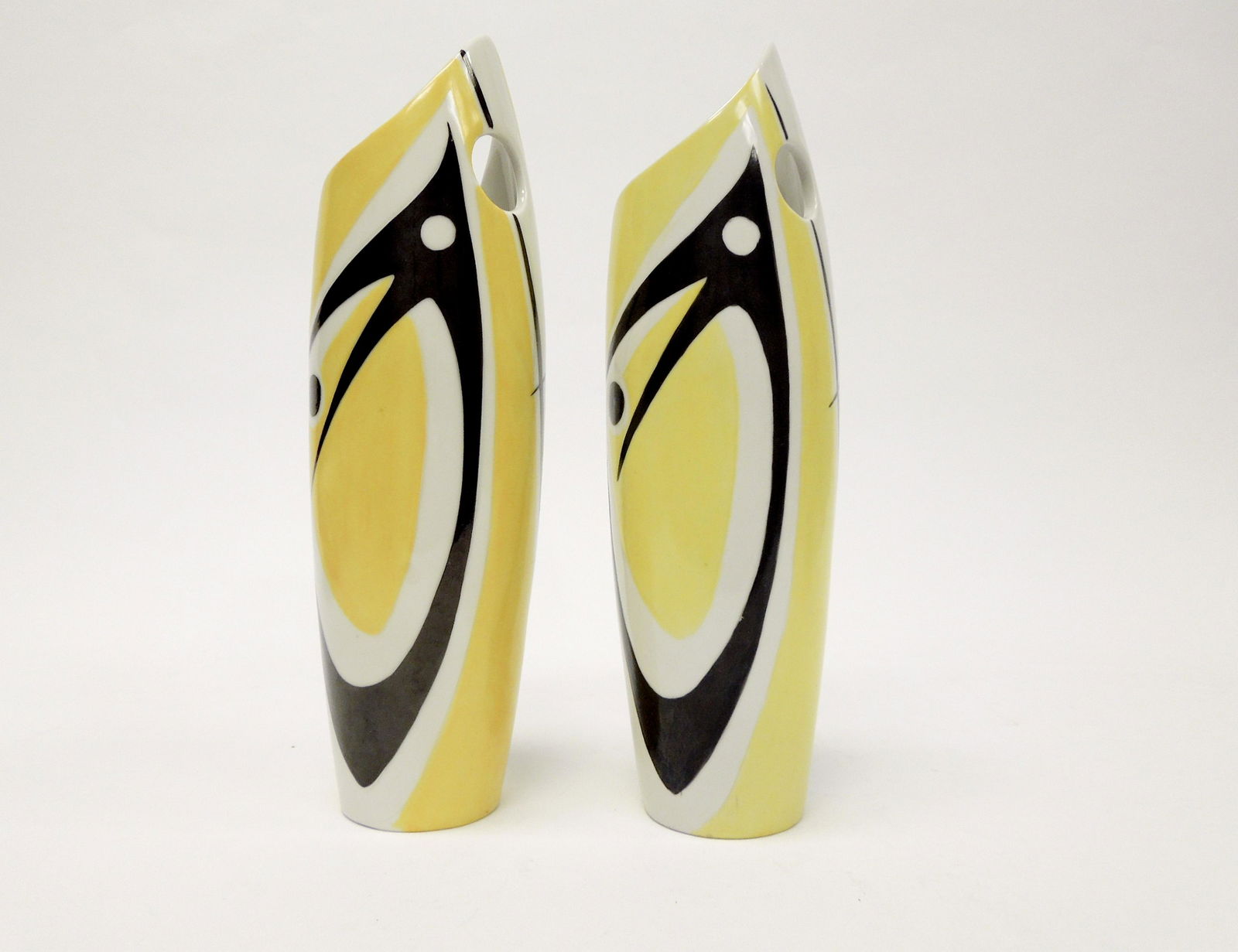 (2) Janos Torok Zsolnay Pottery Vases. Mid 20th C.: (2) Janos Torok for Zsolnay, mid 20th C. pottery vases. Stylized vase in black and yellow with bird decoration. (10.5" tall).