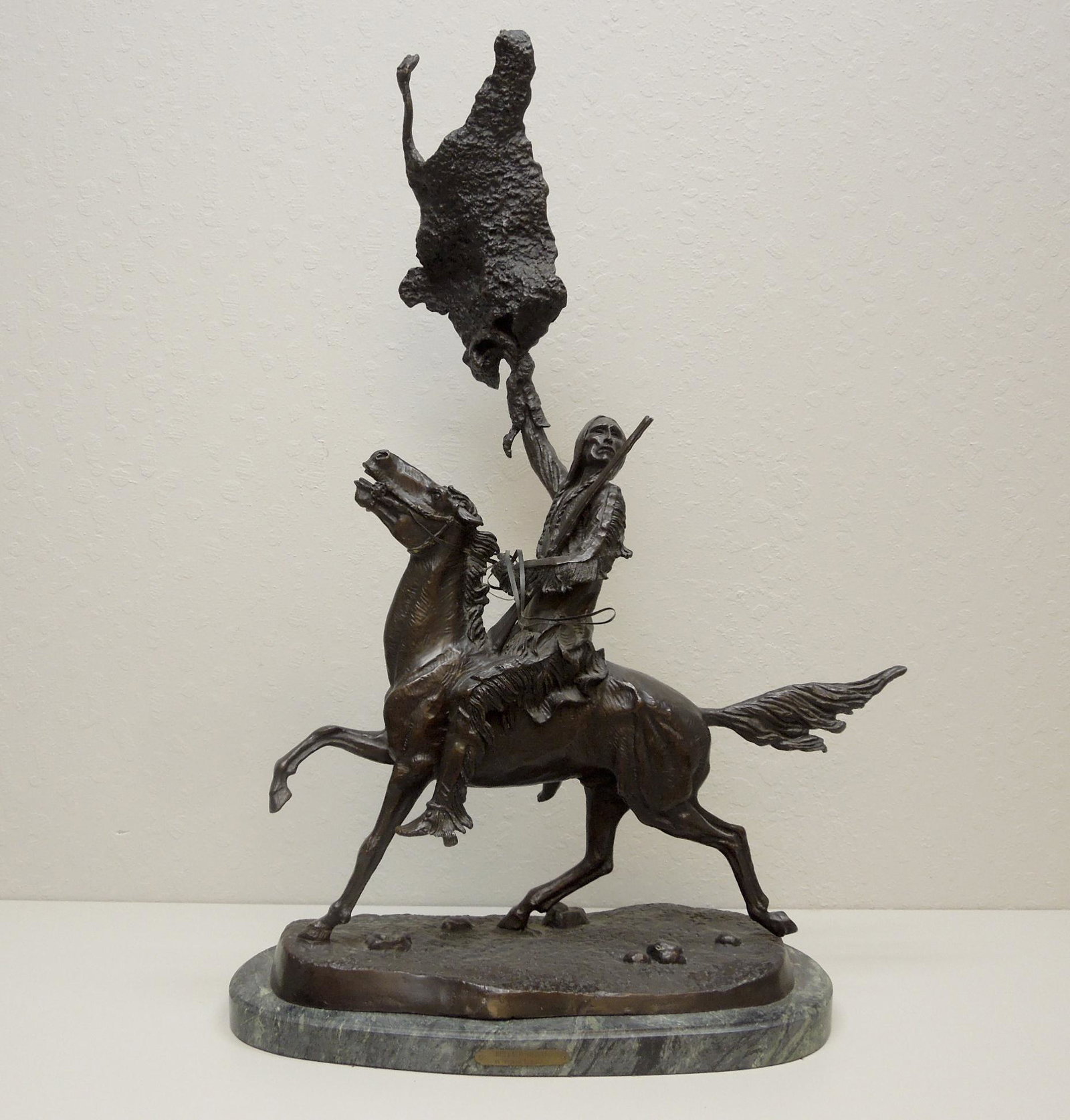 After Frederic Remington, Bronze Sculpture, Buffalo: After Frederic Remington, bronze sculpture, Buffalo Signal. On marble plinth. (35 x 24 x 11 inches including plinth).