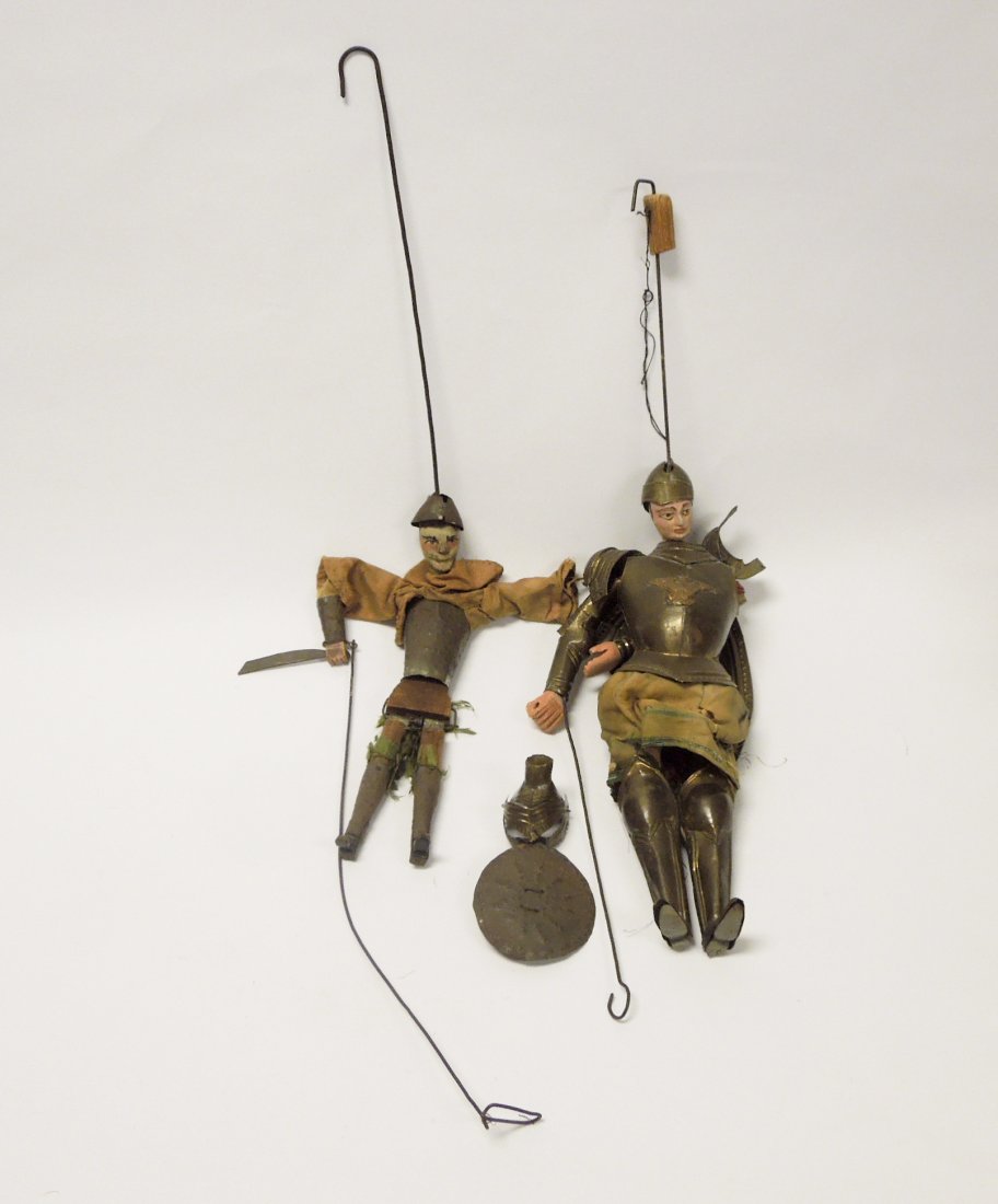 (2) 19th C. Armored Wood Puppets.: (2) 19th C. Puppets. Wooden heads with armored body.