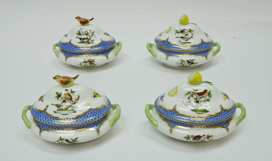 (4) Herend Rothschild Bird Blue Mini Tureens.: (4) Herend Rothschild Bird Blue Border mini tureens with lids. Two with lemon finials (6017-0-03 / RO-EB) and two with bird finials (6017-0-05 / RO-EB). (5 inches wide, 4 inches tall).