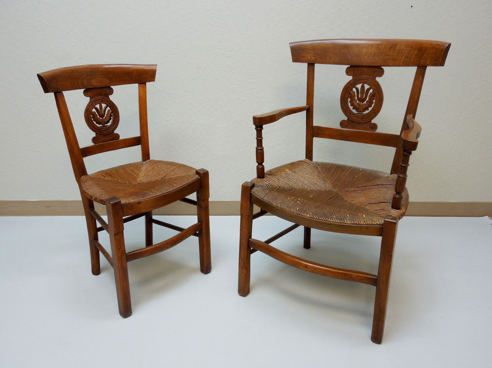 Set of (8) Antique French Rush Seated Dining Chairs.: Set of (8) Antique French rush seated dining chairs.