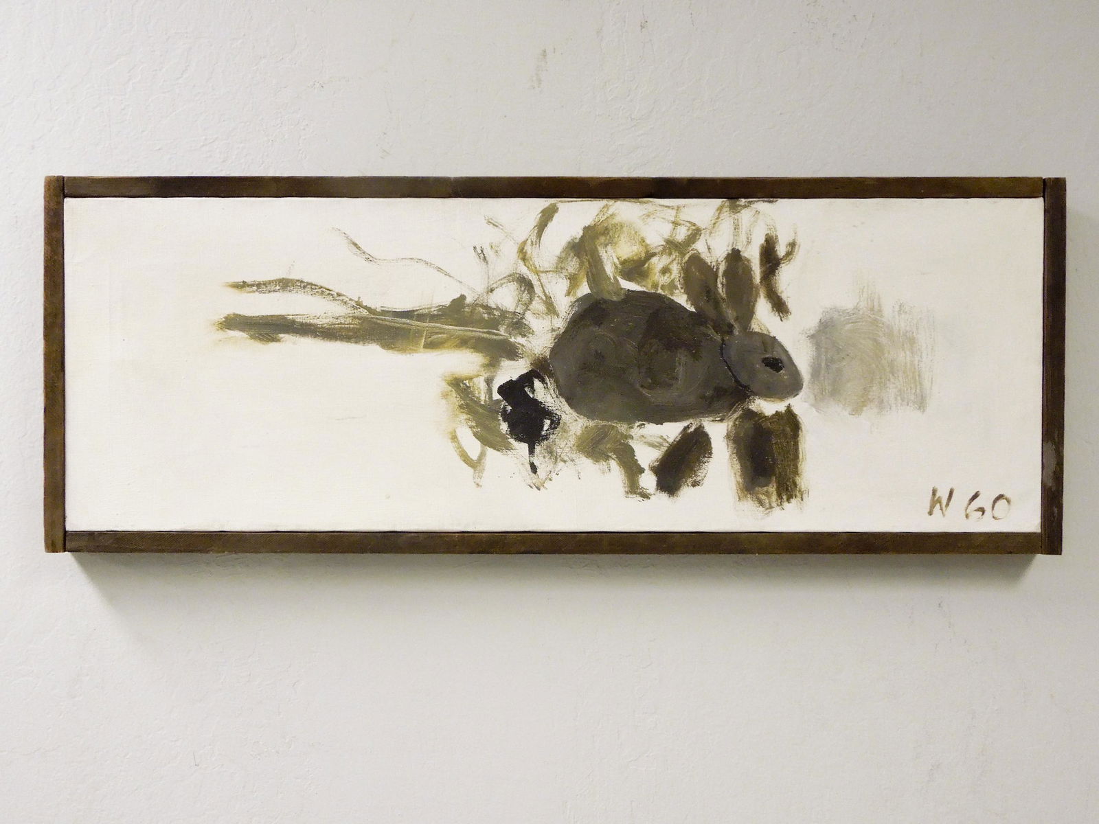 Bryan Wilson Oil on Canvas, Rabbit.: Bryan Wilson (1927 - 2002), Oil on canvas, Rabbit. Signed and dated W 60. Gump's Gallery San Francisco label affixed to the back. (12 x 36 inches). Framed.