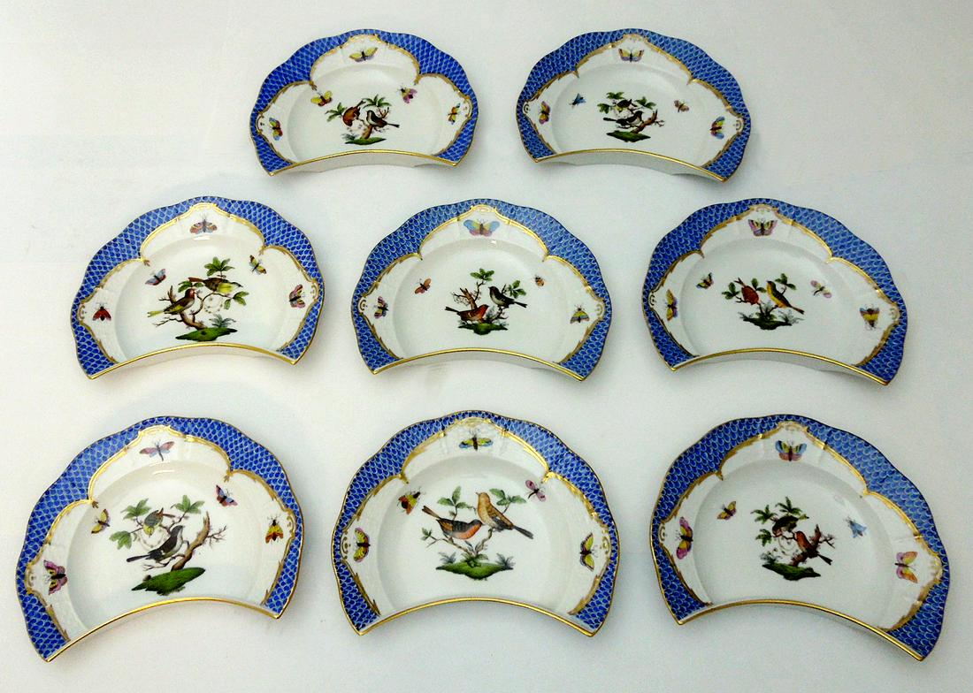 (8) Herend Rothschild Bird Blue Crescent Salad Plates. (1 of 1)