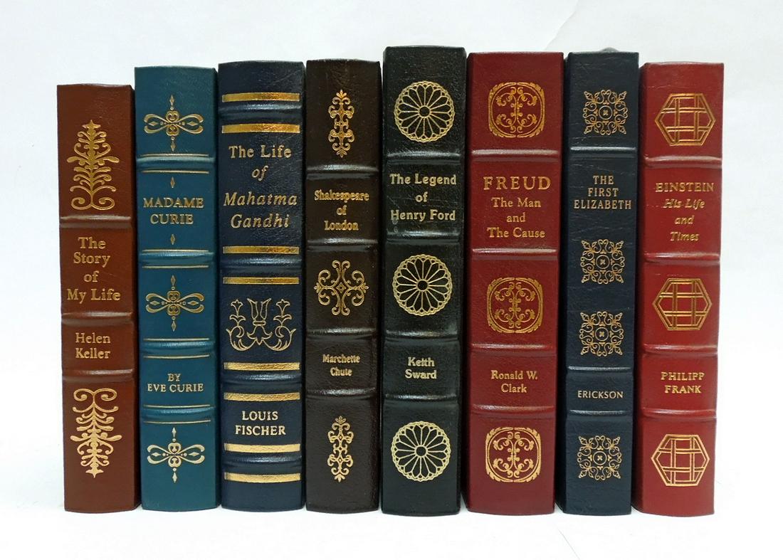 (8) Easton Press Leather Bound Books.: (8) Easton Press leather bound books. The Story of My Life, Madame Curie, The Life of Mahatma Gandhi, Shakespeare of London, The Legend of Henry Ford, The First Elizabeth, Einstein: His Life and Times