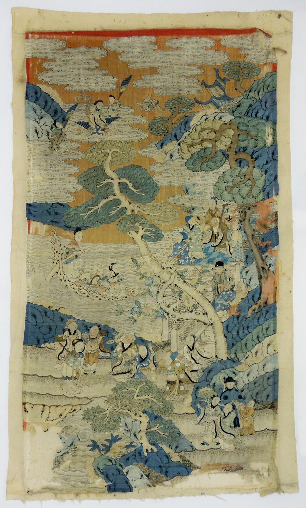 Asian Embroidered Silk Panel.: Asian embroidered silk panel. Mountain landscape with courtyard, figures, pine tree, boats. (64 x 37 1/2 inches).