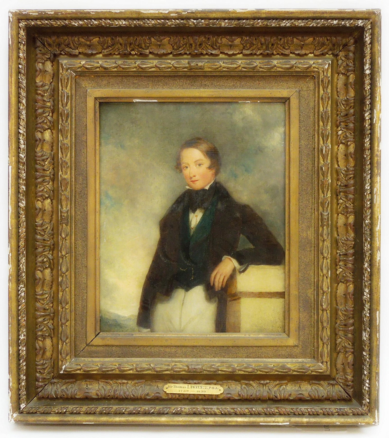 Attributed to Sir Thomas Lawrence, Portrait.: Attributed to Sir Thomas Lawrence (1769 - 1830), Oil on board, portrait. Paper affixed to back states portrait of Sir John Thomas Duckworth painted by Sir Thomas Lawrence. Gesso frame. (12 1/4 x 9 3/4