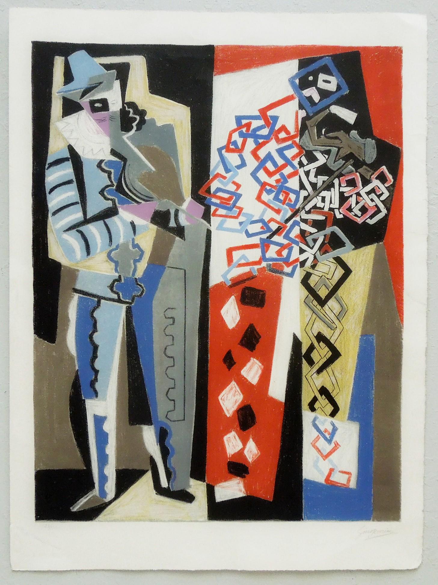 Gino Severini Color Lithograph.: Gino Severini (1883-1966), Arlecchino e Pedrolino, Lithograph in colors, signed in pencil and numbered 23/120, with the blindstamp of publisher, L'Oeuvre Gravèe, Paris, printed by Michel Cass&e