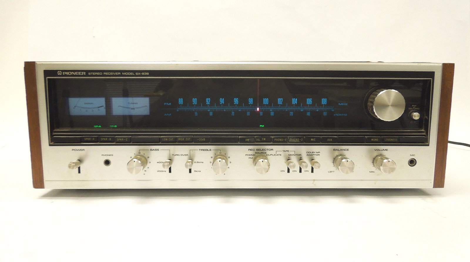 Pioneer SX-838 AM/FM Stereo Receiver.: Pioneer SX-838 AM/FM stereo receiver. 50 watts per channel into 8 ohms, frequency response: 10Hz to 70kHz. Features include a direct-coupled OCL power amp, PLL FM MPX, and a precision equalizer. Manuf