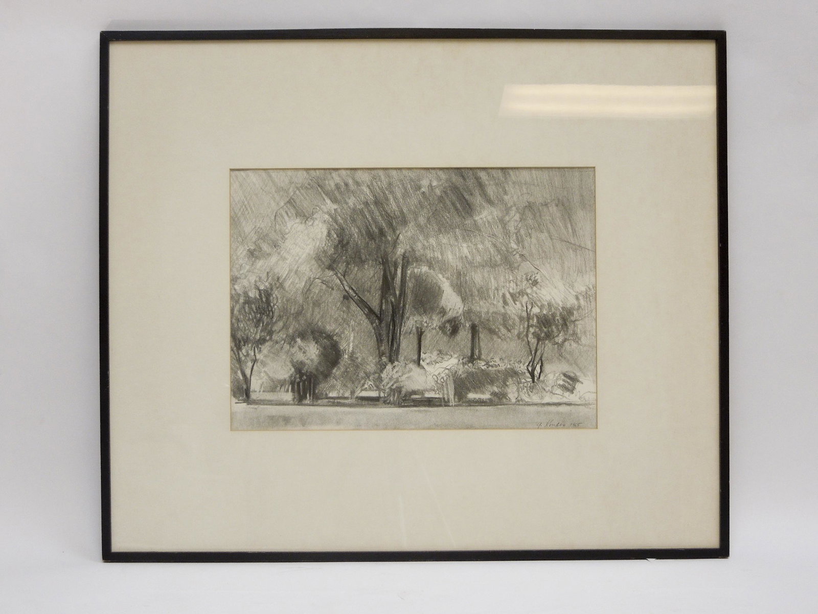 Gregory Kondos Pencil on Paper, Landscape with Trees.: Gregory Kondos (b. 1923), Pencil on paper, Landscape with trees, signed lower right G. Kondos 1965. (10 1/2 x 14 3/4 inches). Framed, under glass.
