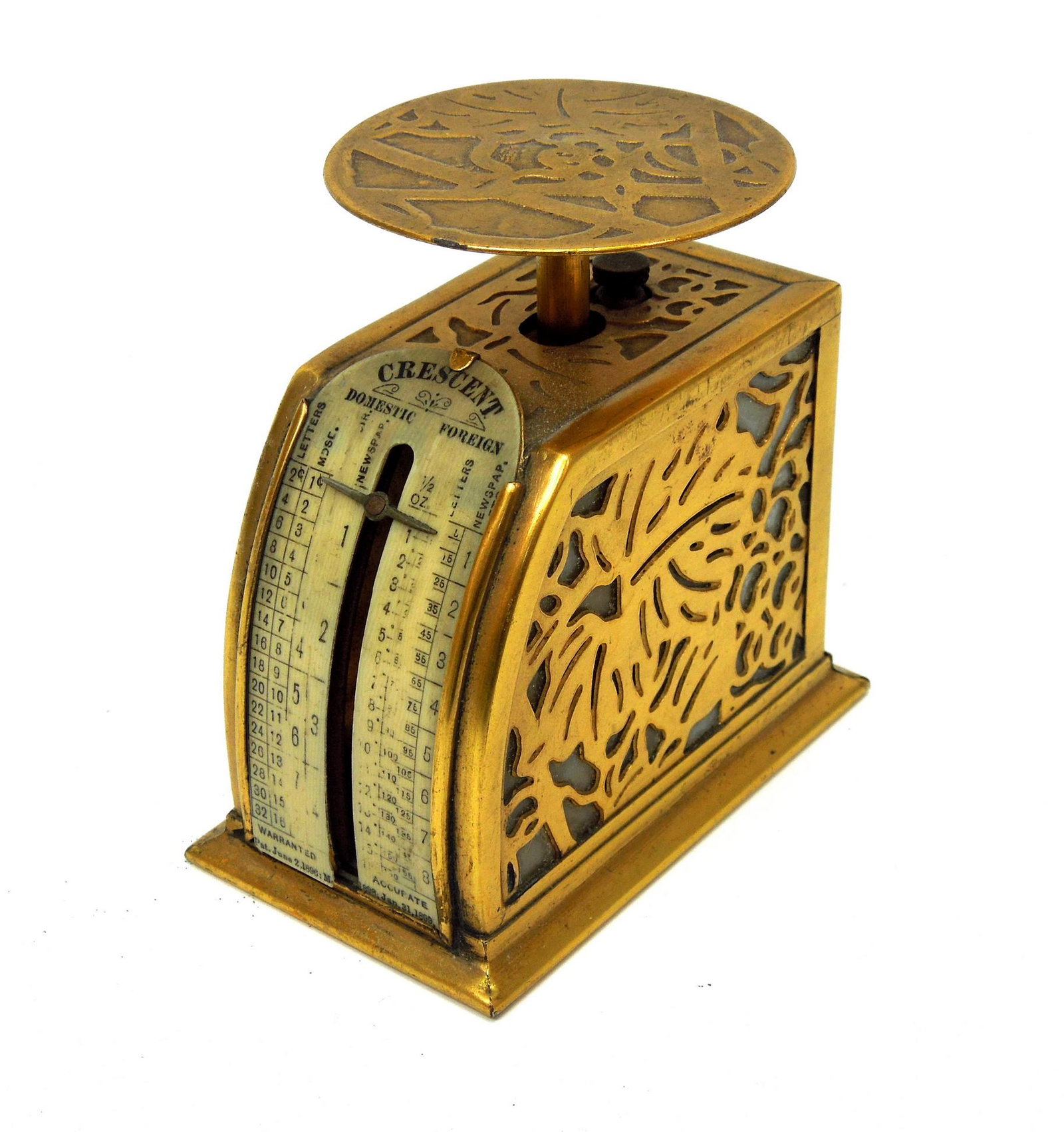 Tiffany Studios Grapevine Postage Scale.: A Tiffany Studio New York bronze postage scale. Bronze Grapevine pattern over white favrile glass. Stamped Tiffany Studios New York 872. Pat. Jan 31, 1899. 3 inches tall, 3 inches deep, 1 3/4 inches w