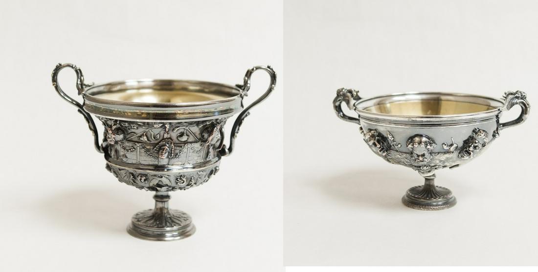 Christofle and Associated Drinking Cups.: (2) French Silver plated drinking cups. Christofle & Cie Fac-simile Galvanique Tresor D'Hildesheim cups and an associated cup. (6" x 8" & 4" x 7 1/2").
