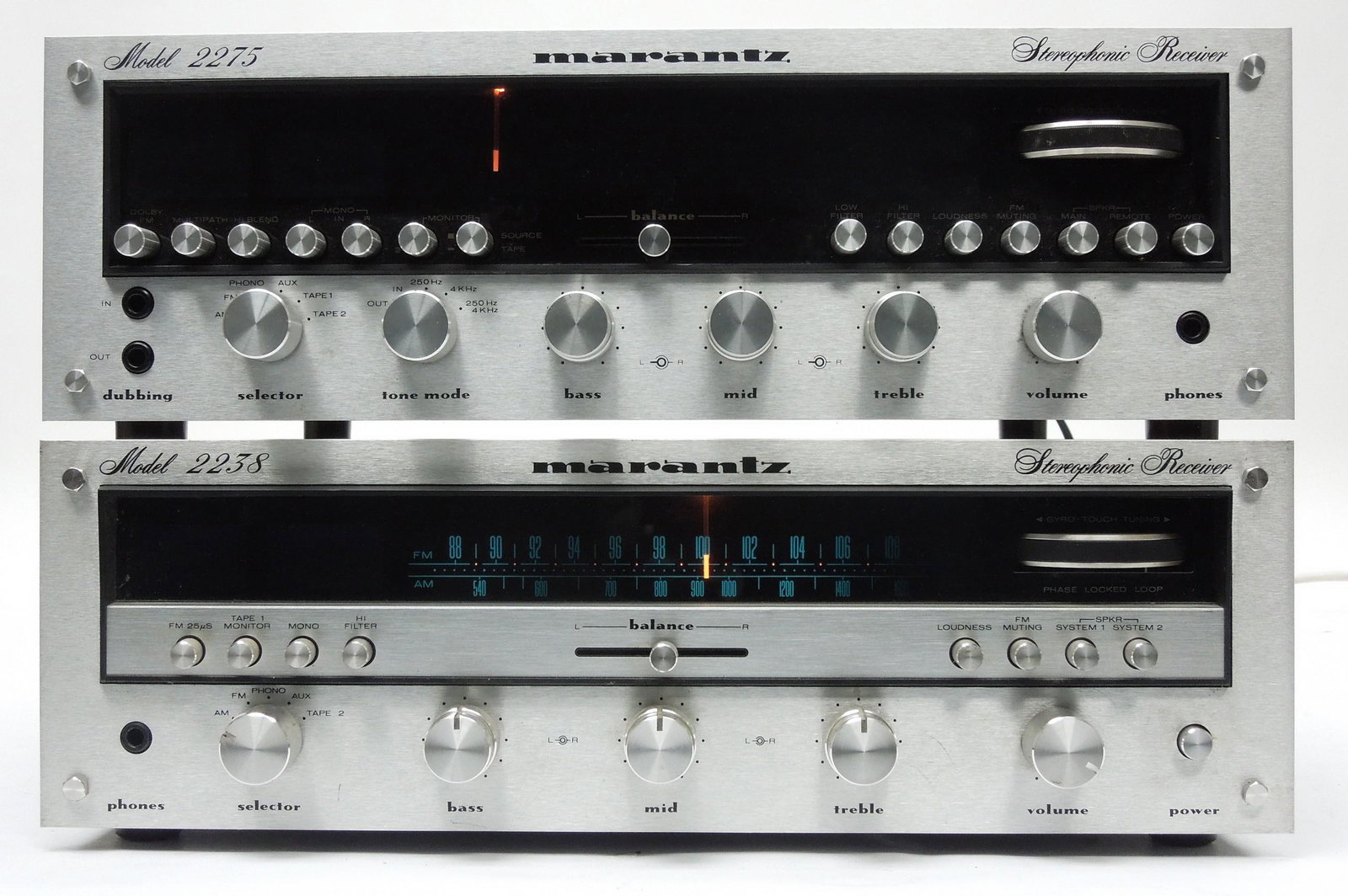Marantz 2238 and 2275 Receivers.: Marantz 2238 and 2275 Receivers. Marantz 2238 Stereophonic Receiver (manufactured 1977-80), 38 watts per channel into 8 ohms stereo, and a Marantz 2275 Stereophonic Receiver (manufactured 1975-77), 75