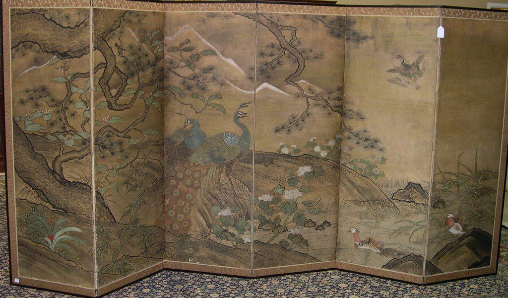 Six Panel Japanese Screen, Late Edo Period: Six-panel Japanese Screen. Late Edo Period (1615-1868), unsigned. Height of each panel: 69 x 23 inches. Provenance: W.J. Sloan Department Store, San Francisco, California. Condition: Slight wear and t