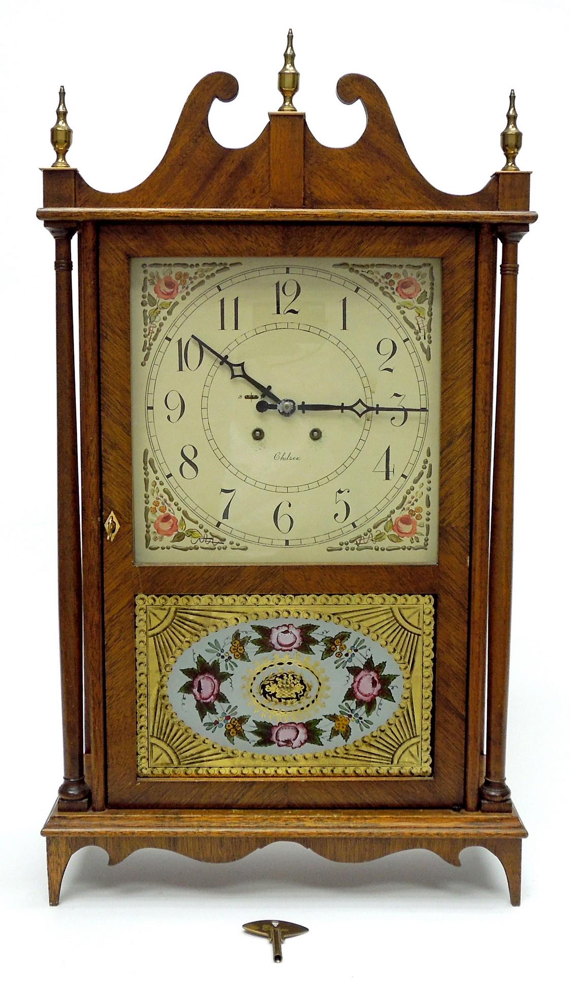 Early 20th C. Chelsea Boston Mantel Clock.: Early 20th C. Chelsea Boston Clock Co. Mahogany case mantel clock. Time and strike. With key. (14" L, 5 .5" D, 24.5" H).