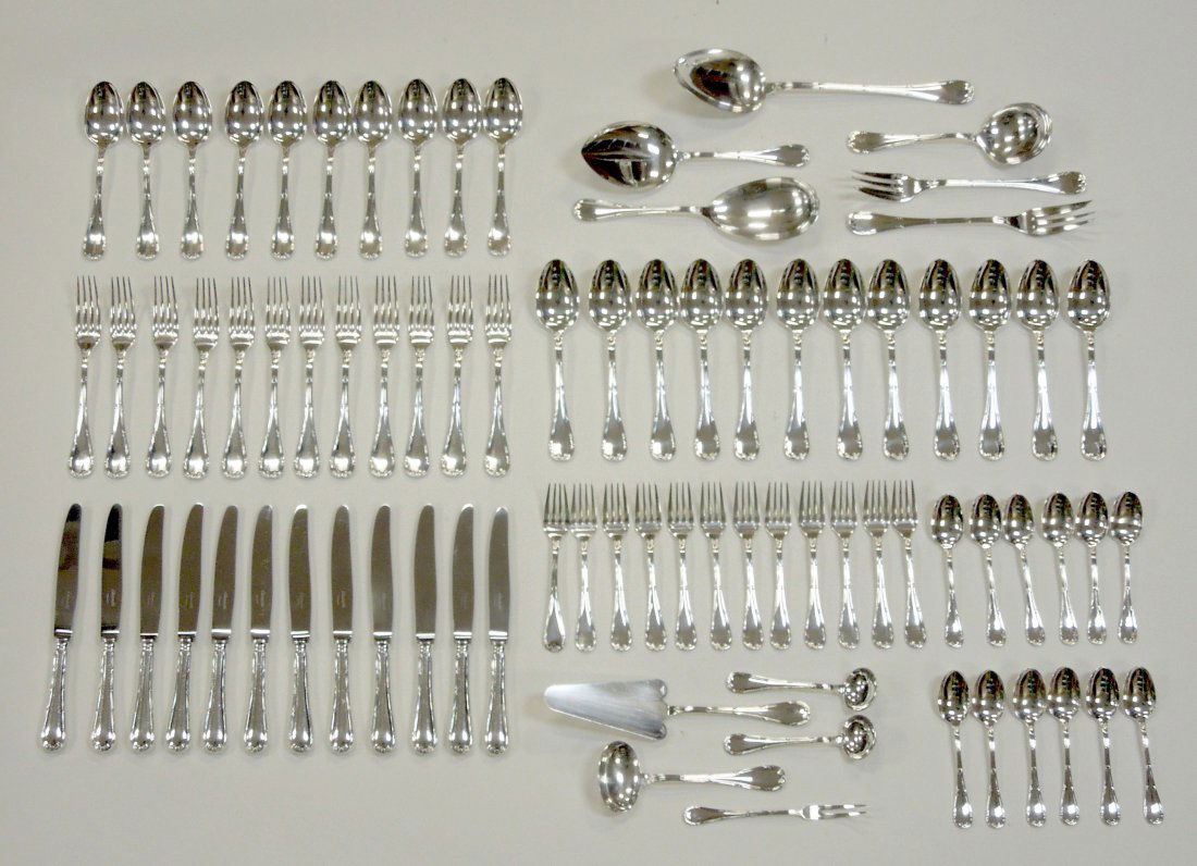 Christofle Rubans Silver Plated Flatware.: Christofle Rubans Silver plated flatware service, 82 pieces. (12 dinner forks, 12 salad forks, 12 soup spoons, 10 tablespoons, 12 teaspoons, 12 dinner knives, 12 serving pieces).