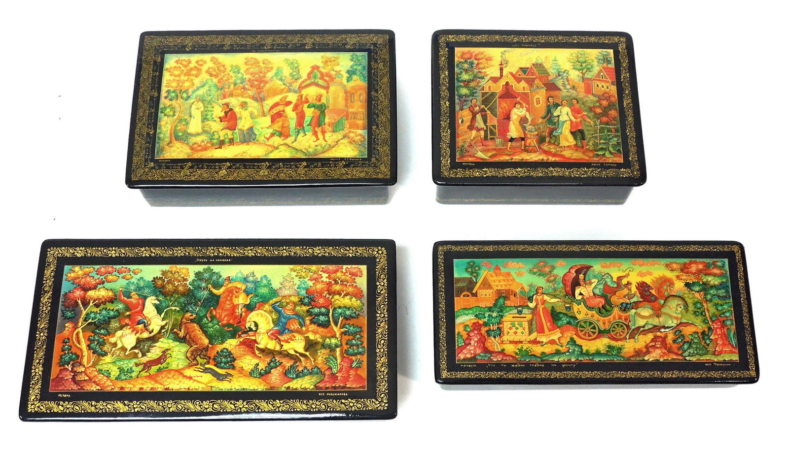 (4) Mstera Russian Lacquer Boxes.: (4) Mstera Russian lacquer boxes, signed and titled. (8" x 4 1/8" x 1 3/4" to 5" x 4 1/8" x 1 3/4").