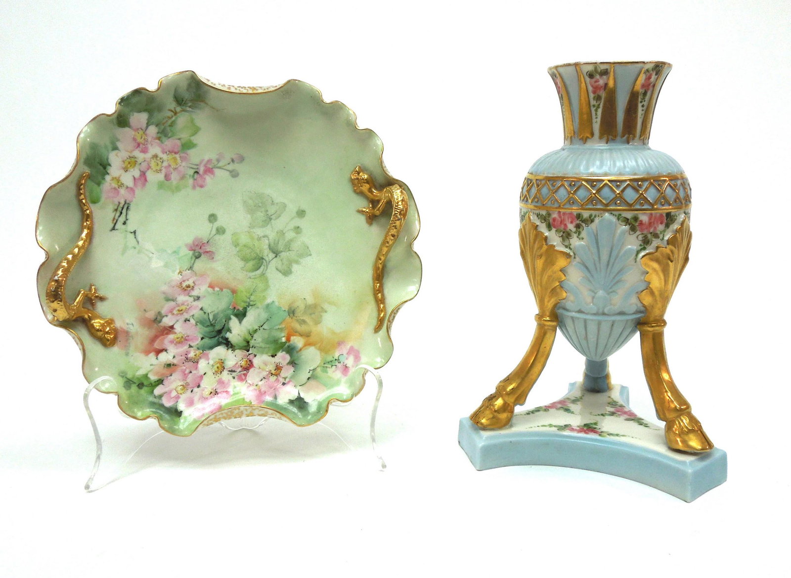 Early Belleek Porcelain Vase and Plate.: Early Belleek porcelain vase and plate. Polychrome vase with 3 gilt painted hoof feet (2nd Belleek mark, 1891 - 1926) and American Belleek Willets floral plate with 2 gilt dragon handles. (9 3/4" tall