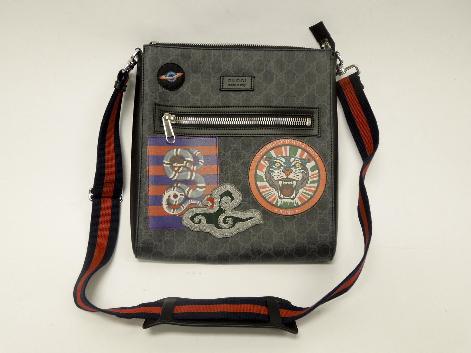 Gucci GG Supreme Square Black Messenger Bag.: Gucci GG Supreme square black messenger bag with Kingsnake and Tiger design, Style 474137.
