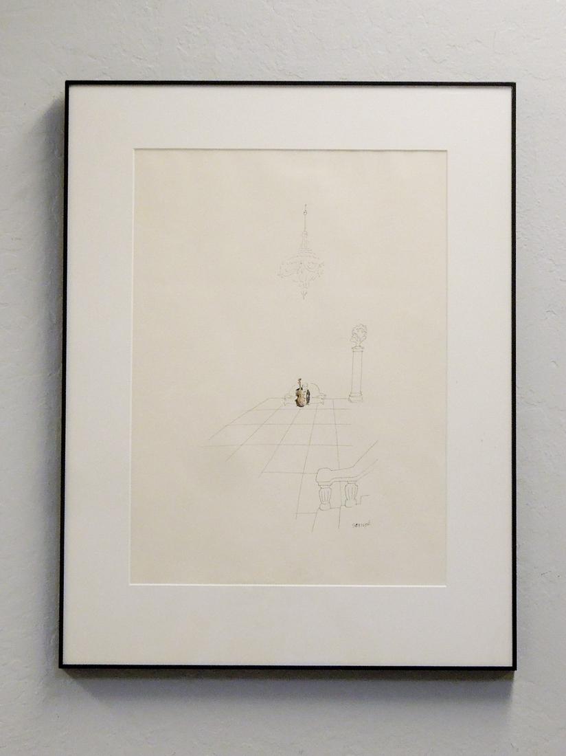 Jean Jacques Sempe, Ink and Color on Paper.: Jean Jacques Sempe (b. 1932), Ink and color on paper, Man seated on a settee, playing a large stringed instrument. Signed lower right. 19 1/4" x 14". Framed, under plexiglas. Overall: 26 1/4" x 20 1/4