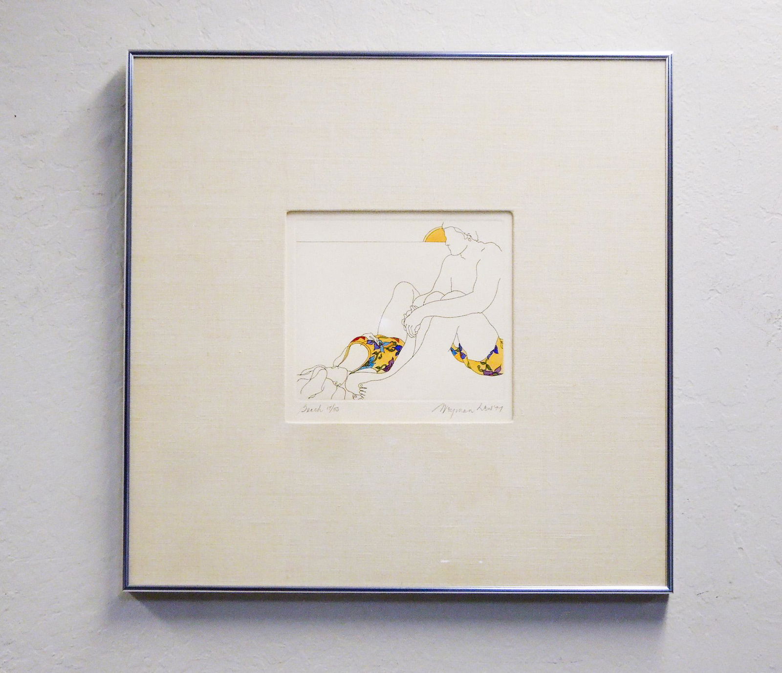 Weyman Lew Etching, Beach.: Weyman Lew (b. 1935), Hand colored etching, "Beach", #17/50. Signed lower right. 7" x 8". Framed, under plexiglas. Overall: 21" x 21".