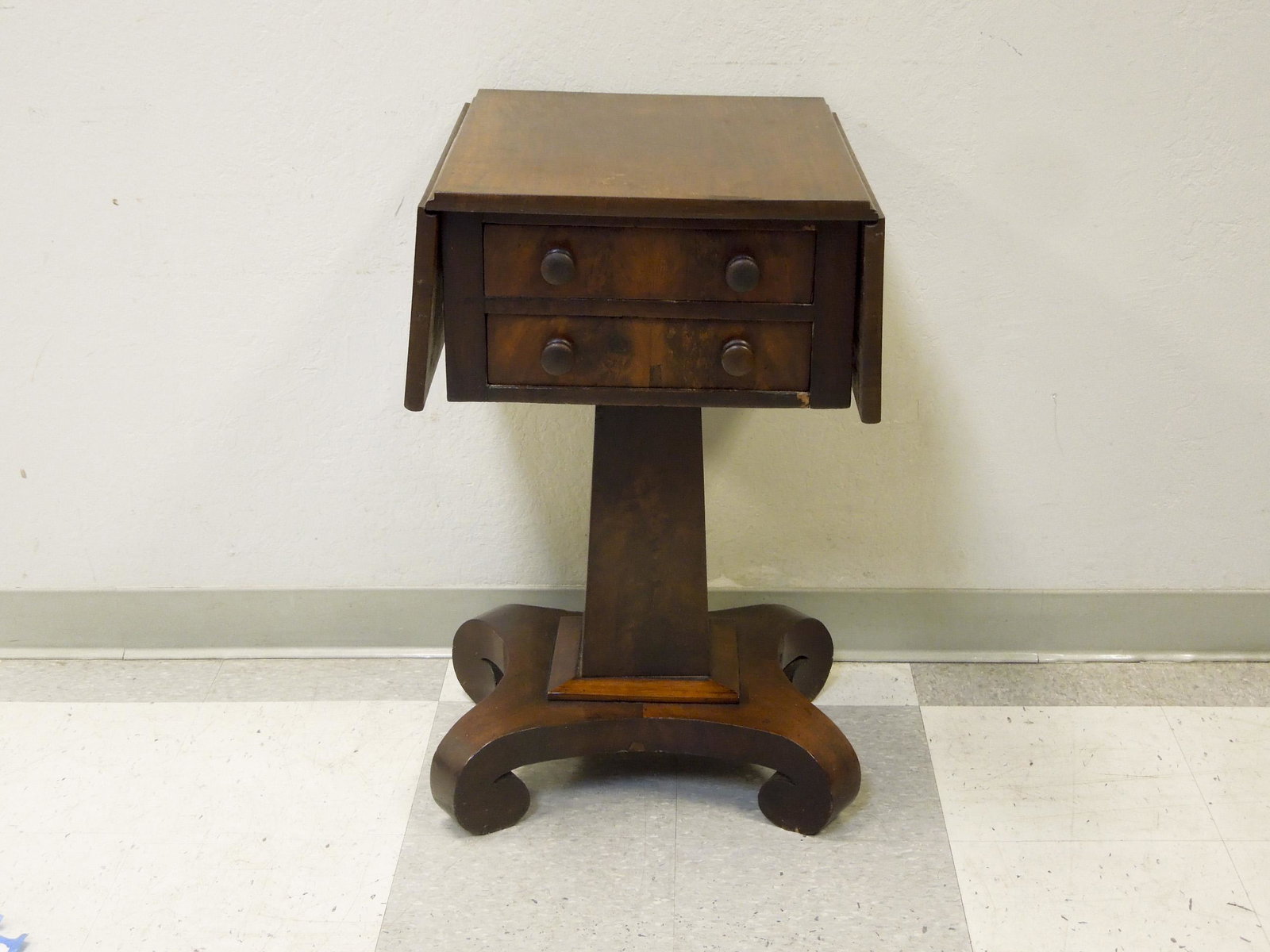 Late 19th C. Empire Style Drop Leaf Side Table.: Late 19th C. Empire style mahogany drop leaf side table. 2-Drawer table on tapered square pedestal base, scrolled feet. 19.5" L, 16" D, 29" H. 8" drop leaves.