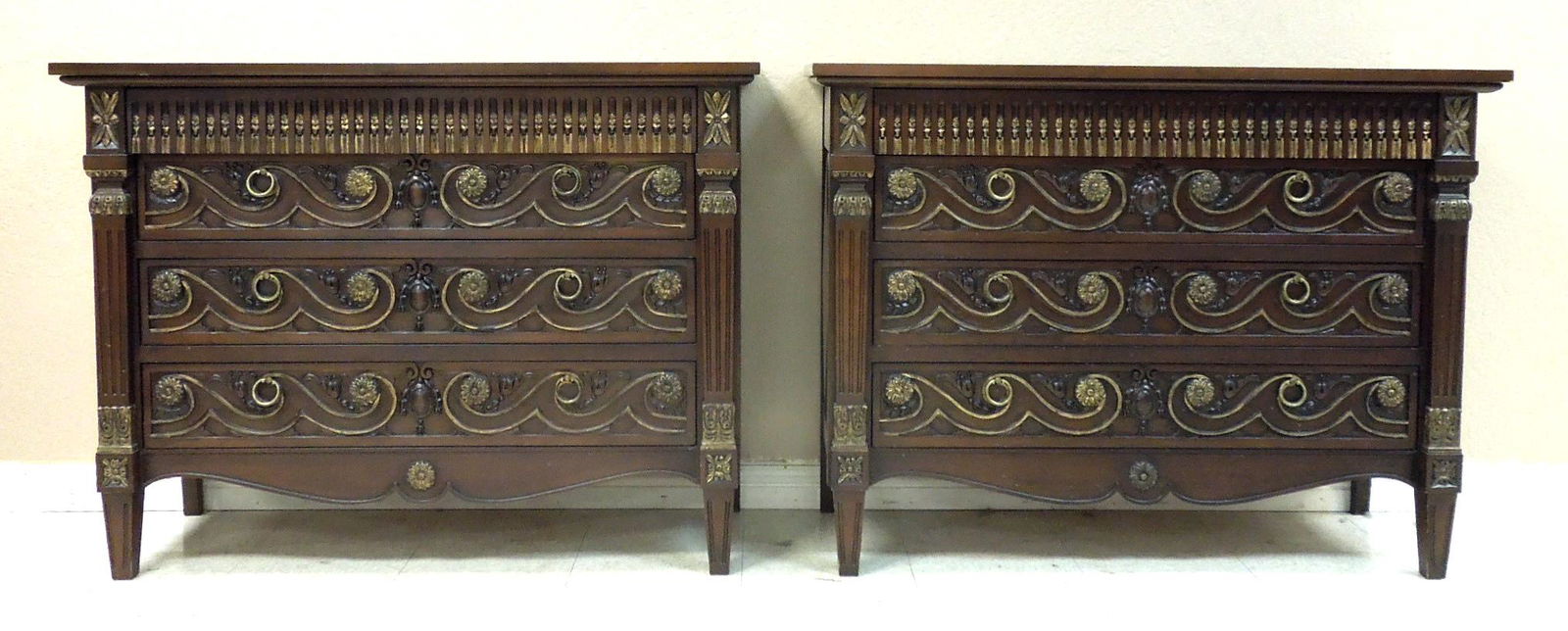 Pair of John Widdicomb Baroque Style 4-drawer Chests.: Pair of John Widdicomb baroque style 4-drawer chests. Carved front with gilt floral and figural decoration. 47" W, 19.5" D, 36" H.