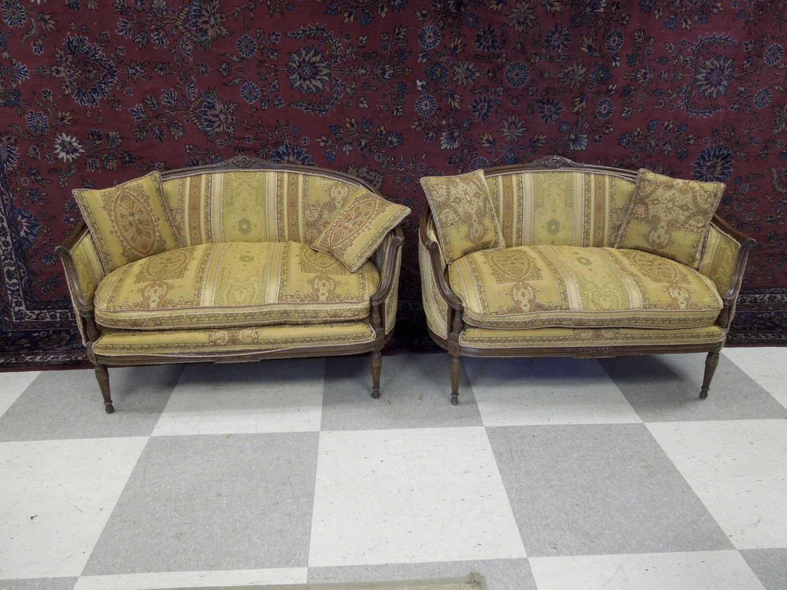 Pair of Provincial Style Settees.: Pair of provincial style settees with gold thread tapestry upholstery, cushion and pillows. 51" L, 29" D, 33.5" H.
