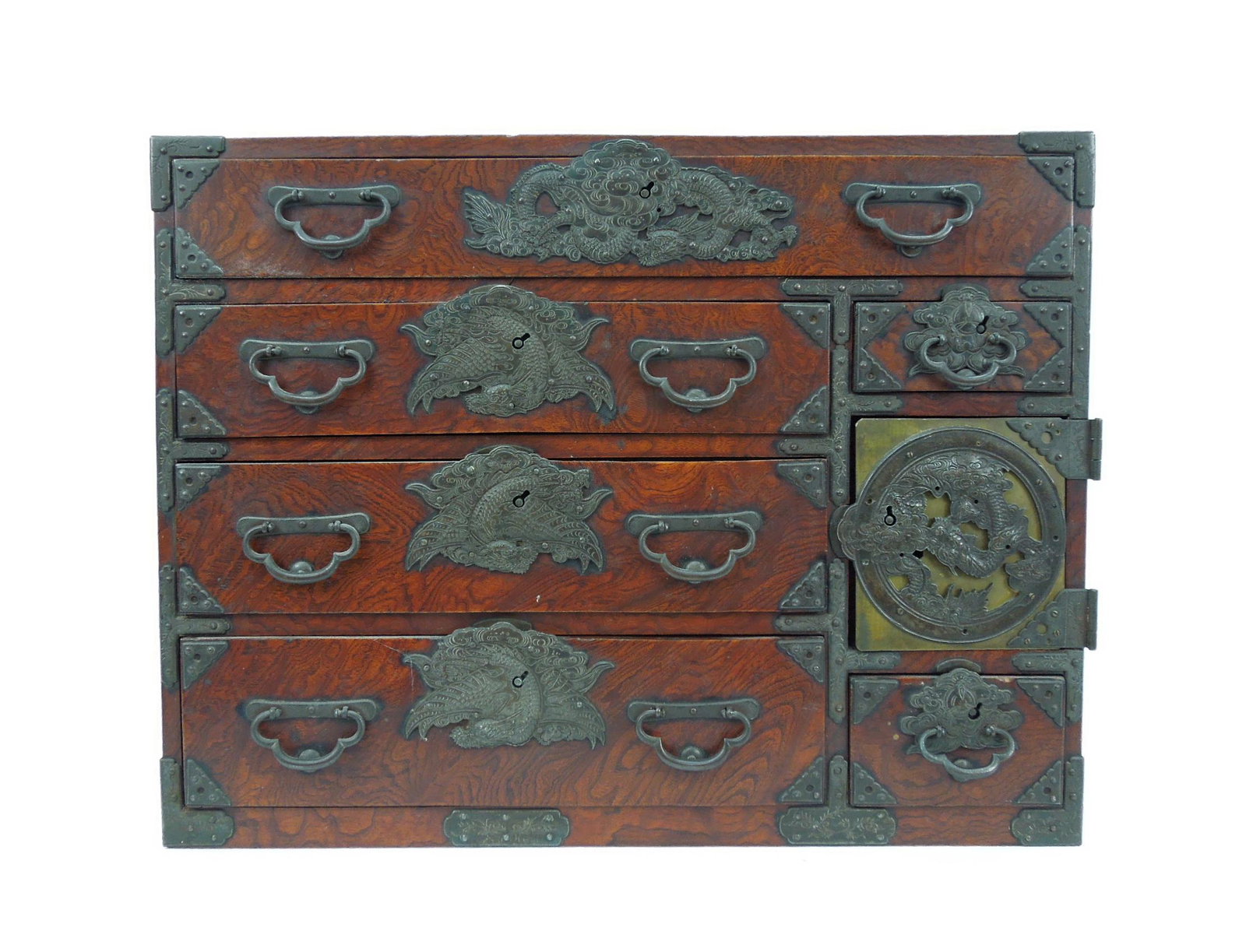 Meiji Period Miniature Tansu Chest.: Asian table top 8-drawer tansu chest with applied metal dragon and cloud band embellishments and bail pulls. Meiji period. 15.5" L, 8" D, 12" H.
