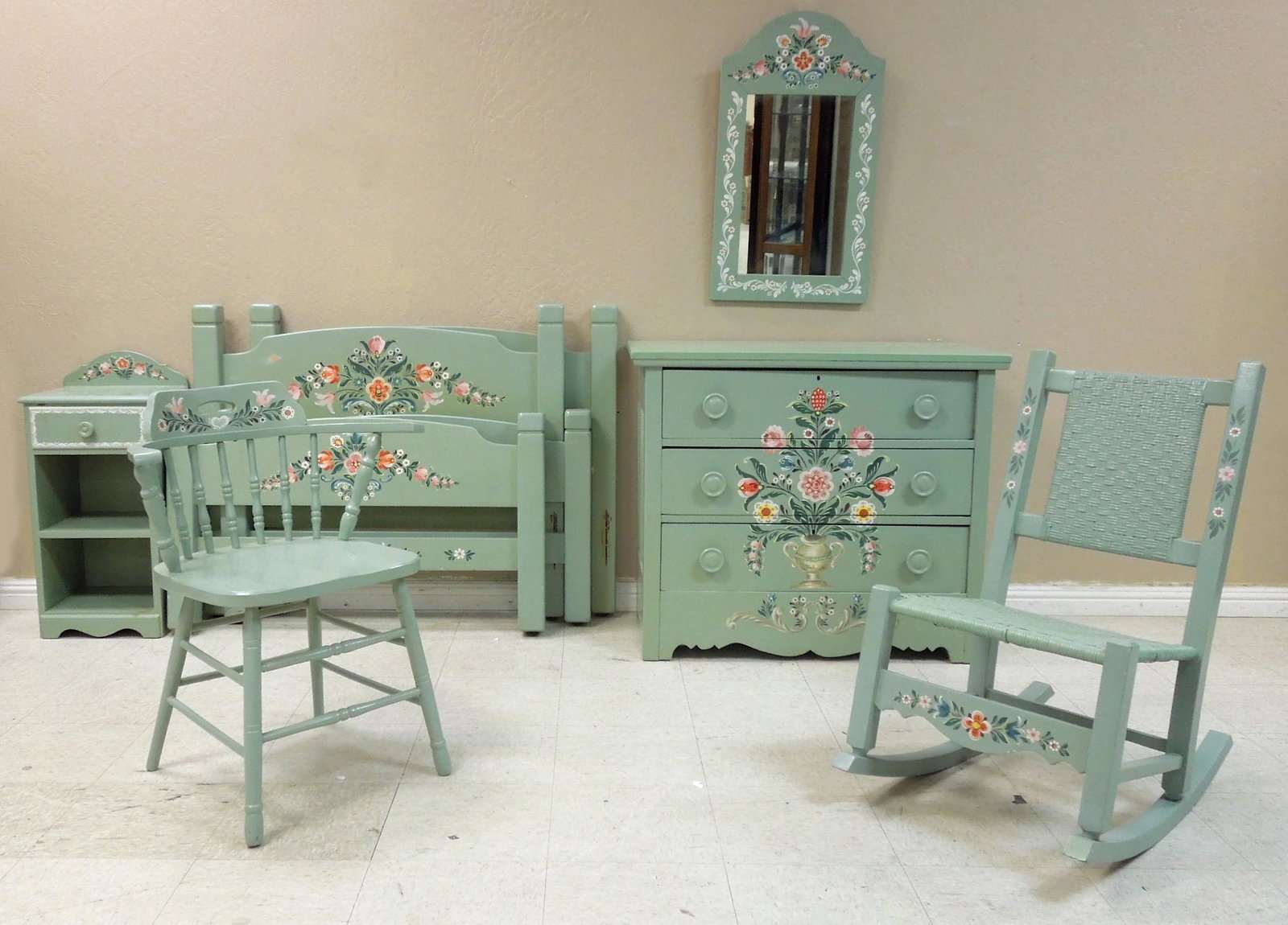 20th C. Green & Floral Painted Bedroom Set.: 20th C. Green painted bedroom set with painted floral decoration. Comprising 3-drawer chest, nightstand, armchair, rattan back and seat rocker and 2 twin beds.
